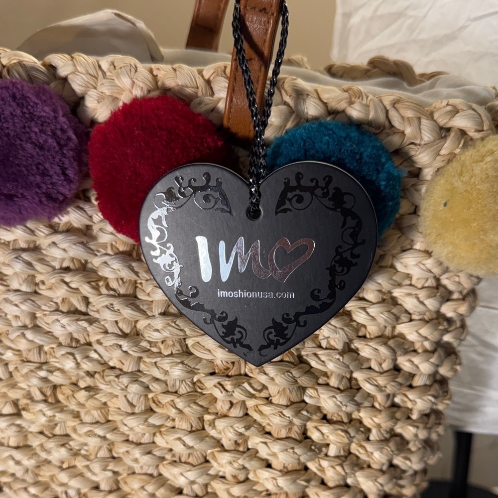 Woven Straw Tote Bag with Colorful Pom Poms NWT - Picture 2 of 6